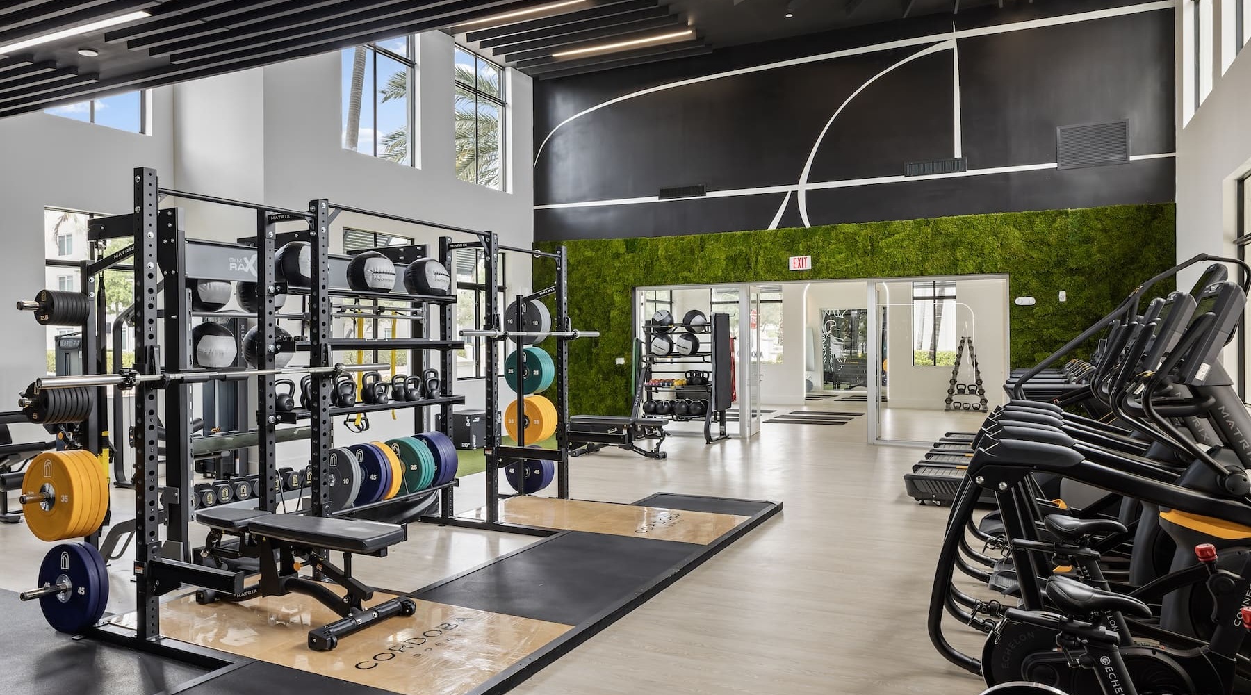 Access to resident-only features fitness center room with treadmills