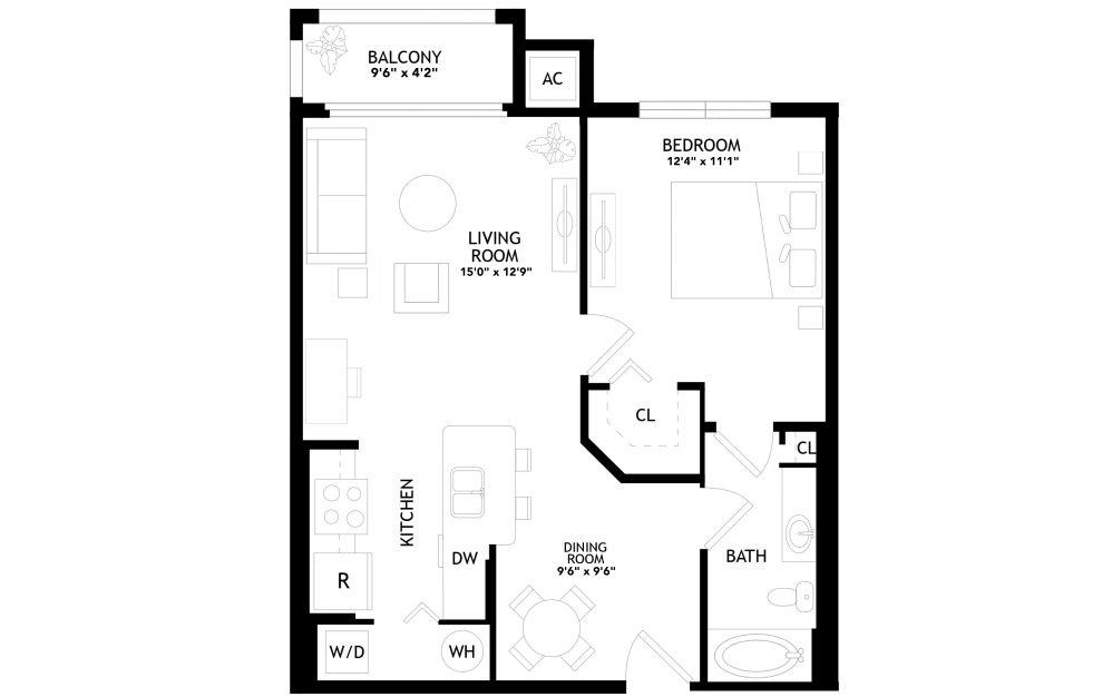 A1 - 1 bedroom floorplan layout with 1 bathroom and 696 square feet