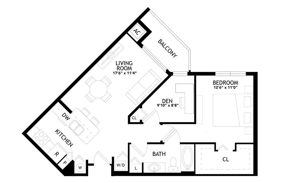 A3D - 1 bedroom floorplan layout with 1 bathroom and 826 square feet A3D - 1 bedroom floorplan layout with 1 bathroom and 826 square feet
