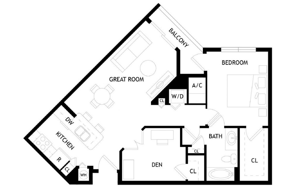 A4D - 1 bedroom floorplan layout with 1 bathroom and 899 square feet