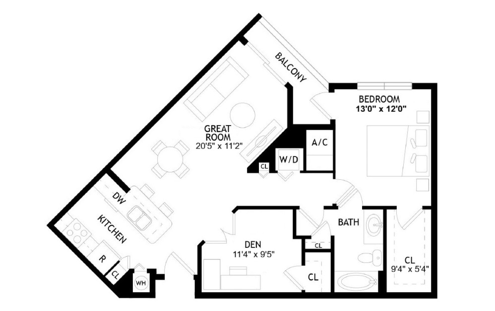 A4D - 1 bedroom floorplan layout with 1 bathroom and 899 square feet
