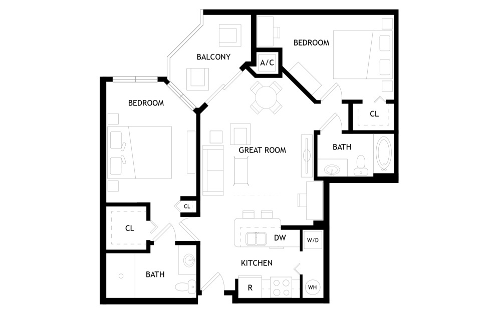 B1 - 2 bedroom floorplan layout with 2 bathrooms and 1006 square feet