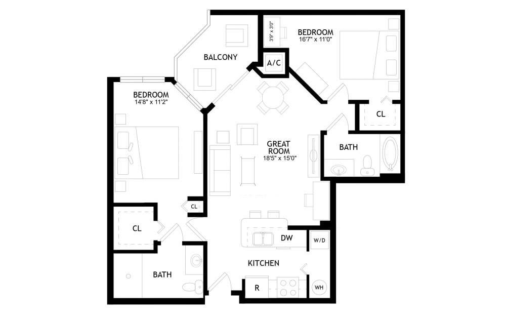 B1 - 2 bedroom floorplan layout with 2 bathrooms and 1006 square feet B1 - 2 bedroom floorplan layout with 2 bathrooms and 1006 square feet