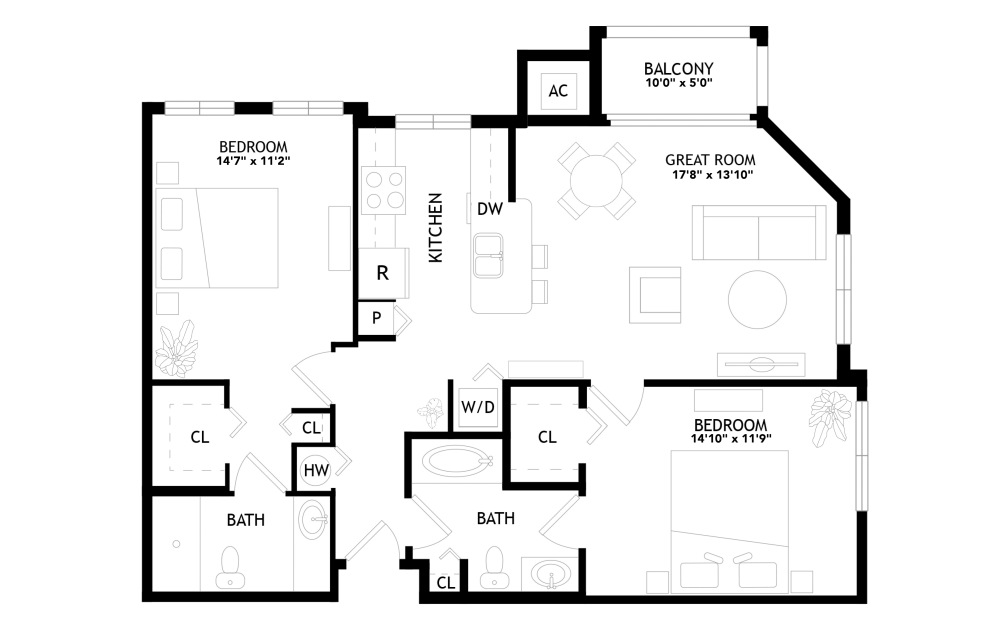 B3 - 2 bedroom floorplan layout with 2 bathrooms and 1089 square feet B3 - 2 bedroom floorplan layout with 2 bathrooms and 1089 square feet