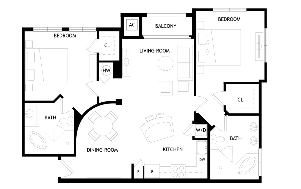 B4 - 2 bedroom floorplan layout with 2 bathrooms and 1264 square feet