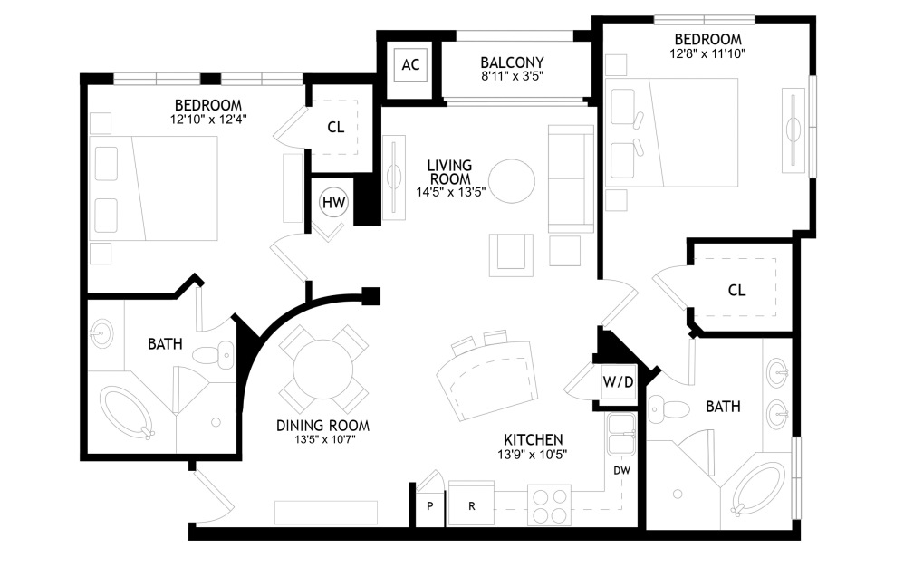 B4 - 2 bedroom floorplan layout with 2 bathrooms and 1264 square feet