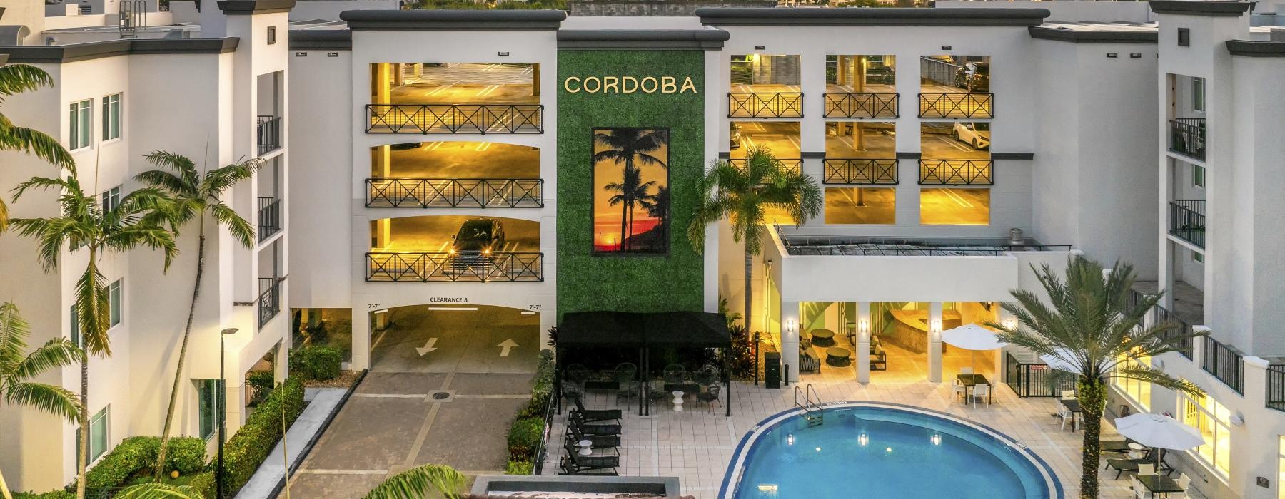 a pool in front of a building
