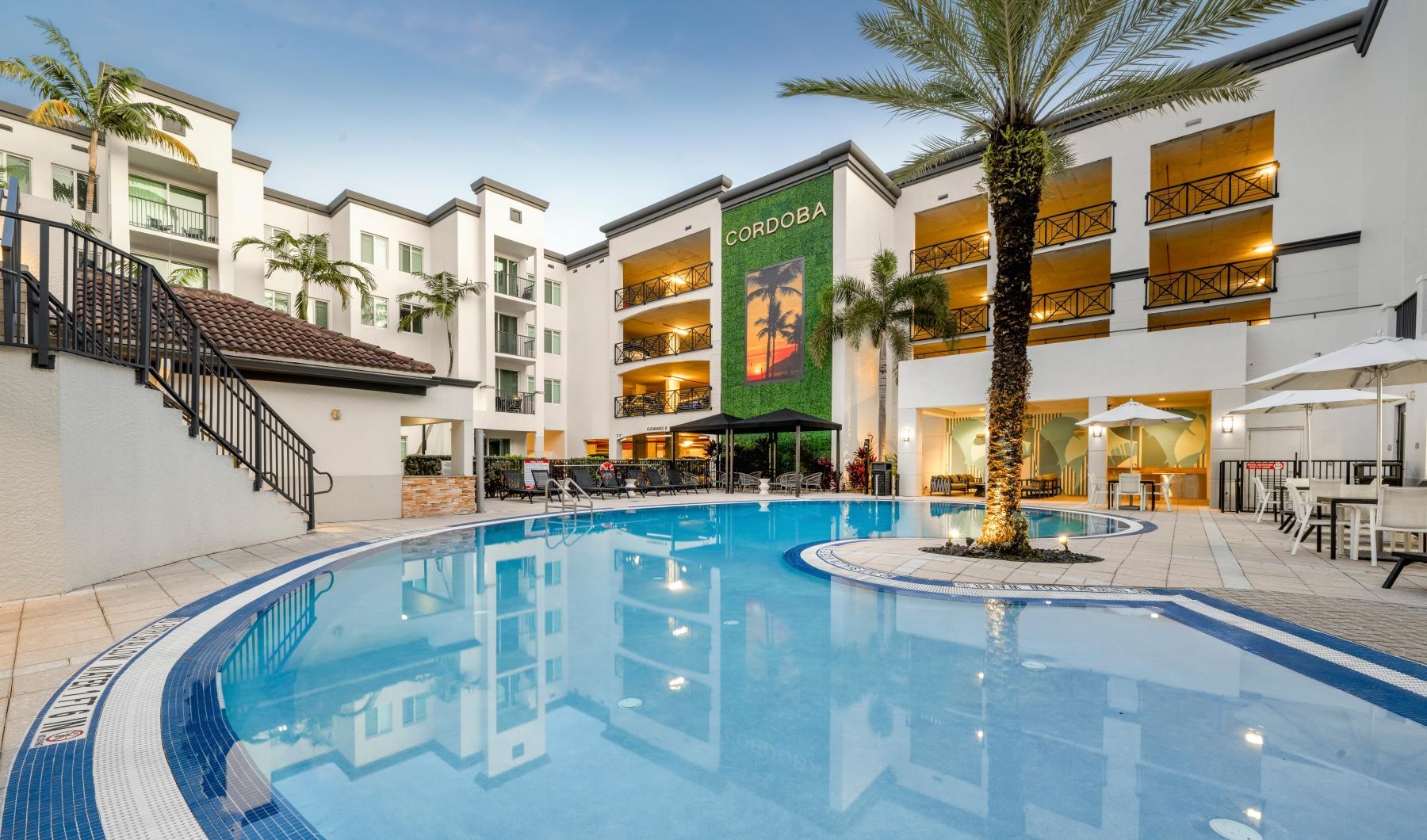 a swimming pool in a resort